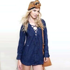 Free People Neapolitan Dreams Denim Tunic Top Blue Cotton Lace Up Shirt Boho XS